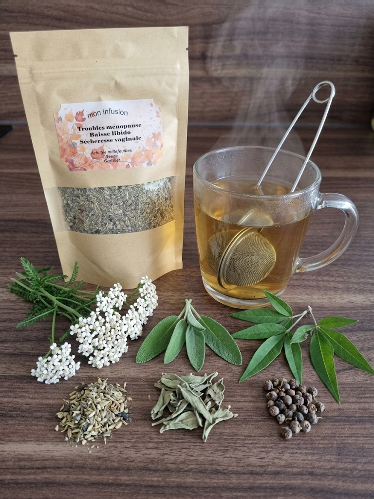 Infusion Équilibre Féminin – sachet kraft avec achillée, sauge, gattilier et fenouil