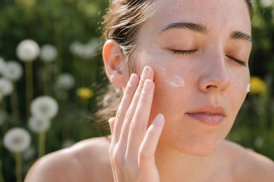 Application d’un baume sur le visage en routine matin/soir, avec ambiance naturelle et fleurs de pissenlit en arrière-plan flou.