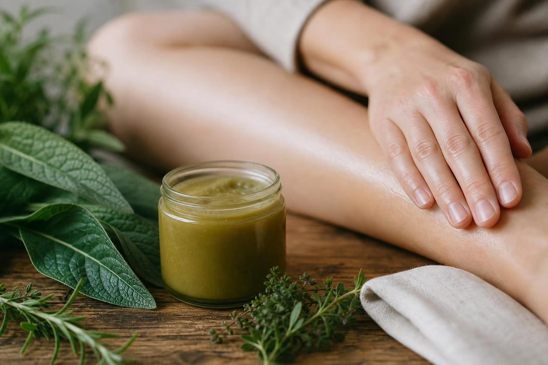 Gros plan d’un pot de baume de consoude artisanal sur une table en bois, avec feuilles de consoude et une main en train de masser une zone du corps, une compresse en tissu à proximité.