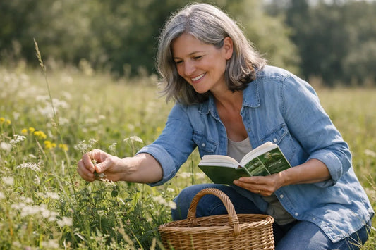 Femme cueille des plantes sauvages pour pharmacie naturelle avec panier et livre de référence.