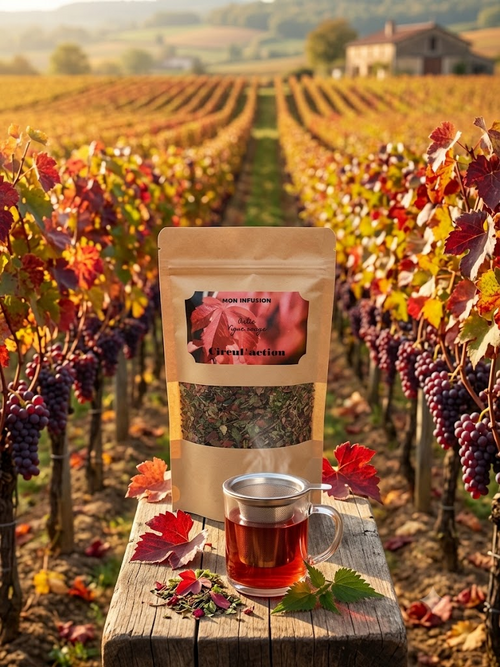 Infusion CirculAction vigne rouge – sachet kraft devant un vignoble en automne